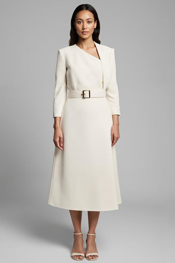 Ivory A-Line Asymmetrical Long Sleeve Work Dress With Belt